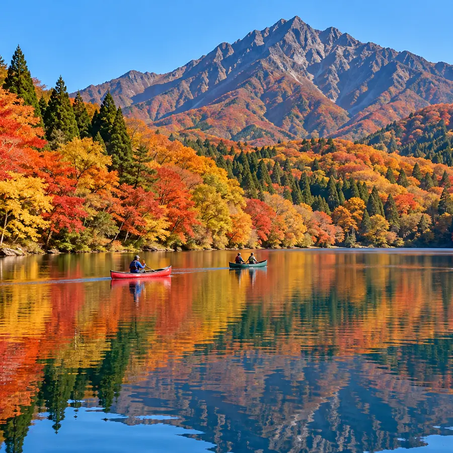 紅葉に囲まれた湖と岩山、湖面を進むカヌー