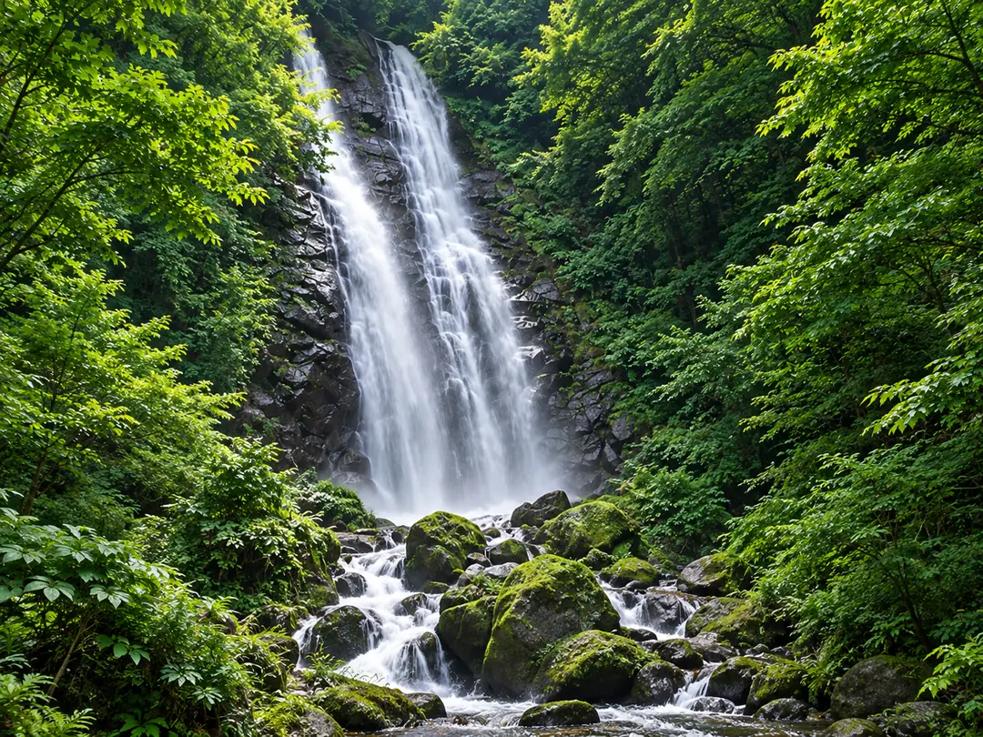緑の木々に囲まれた滝