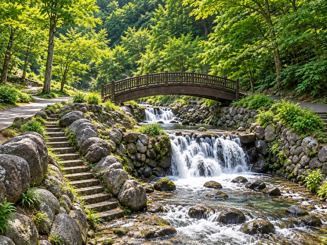 段々になった川底を流れる川と、木の橋
