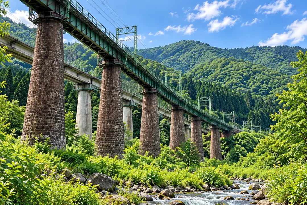 煉瓦造りの橋脚が並ぶ鉄道の橋梁