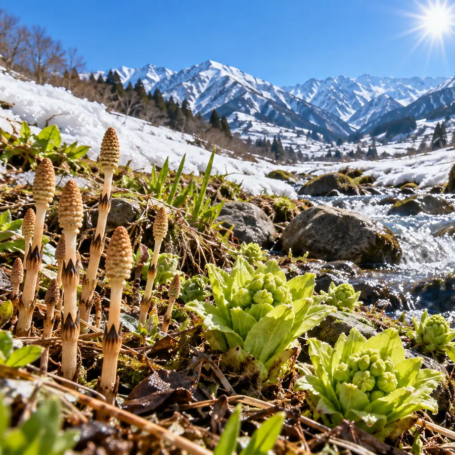 雪の残る沢辺に芽吹いたつくしとふきのとう